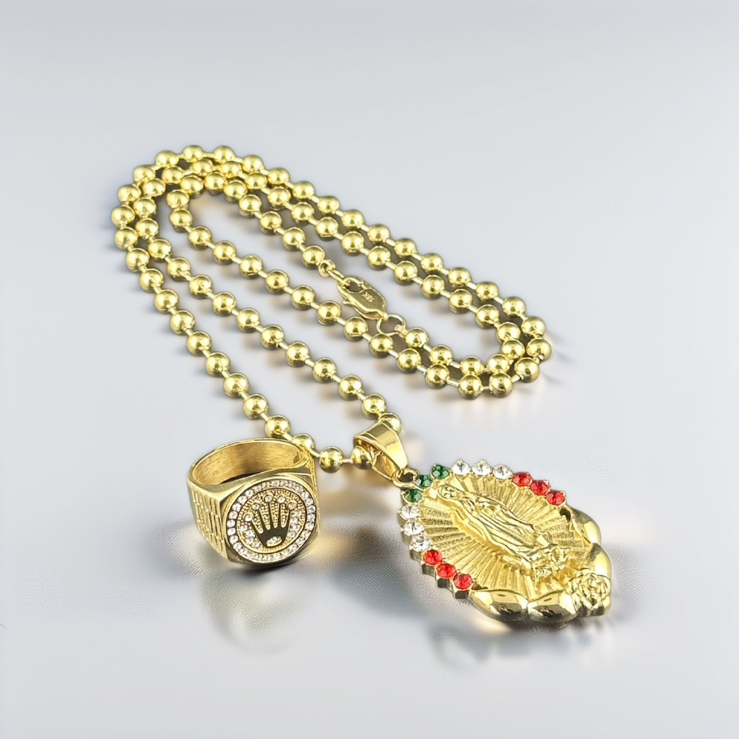 SET VIRGEN + CADENA MILITAR + ANILLO ORO18kLAMINADO